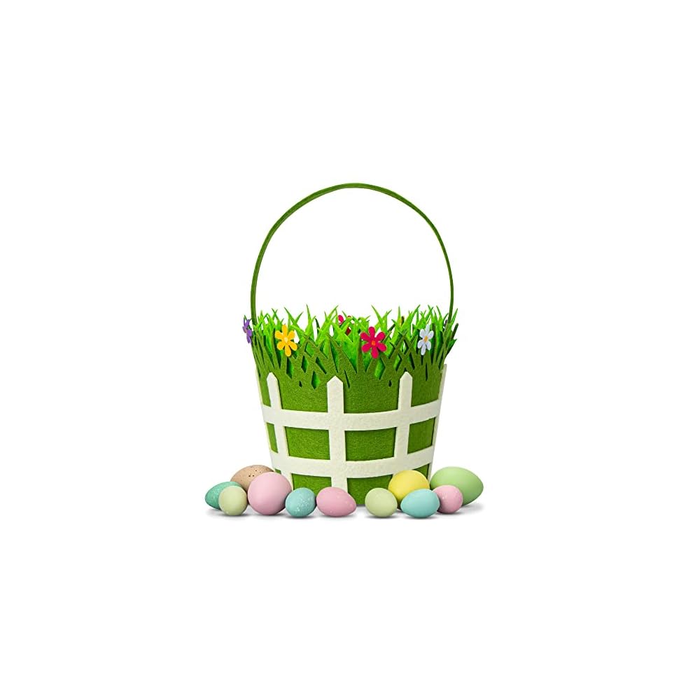 Lulu Home Easter Basket with 12 Eggs, 6" Felt Bucket with Handles and 12 Colorful Easter Eggs, Green Grass Flowers Basket for Kids Easter Egg Hunt Spring Indoor Decor Party Favors