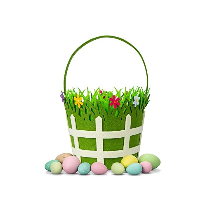 Lulu Home Easter Basket with 12 Eggs, 6" Felt Bucket with Handles and 12 Colorful Easter Eggs, Green Grass Flowers Basket for Kids Easter Egg Hunt Spring Indoor Decor Party Favors