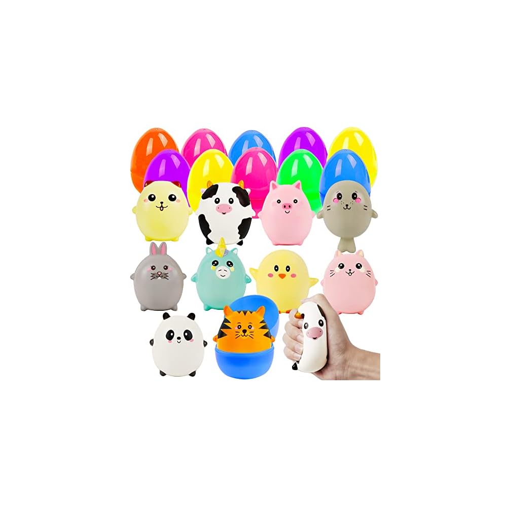 Lulu Home 10 Jumbo Easter Eggs with Squishy Animal Toys, Cute Slow Rising Animal Squishy Toys with Plastic Eggs for Easter Egg Hunt Basket Stuffer Fillers Kids Gift Party Favors, Not Prefilled
