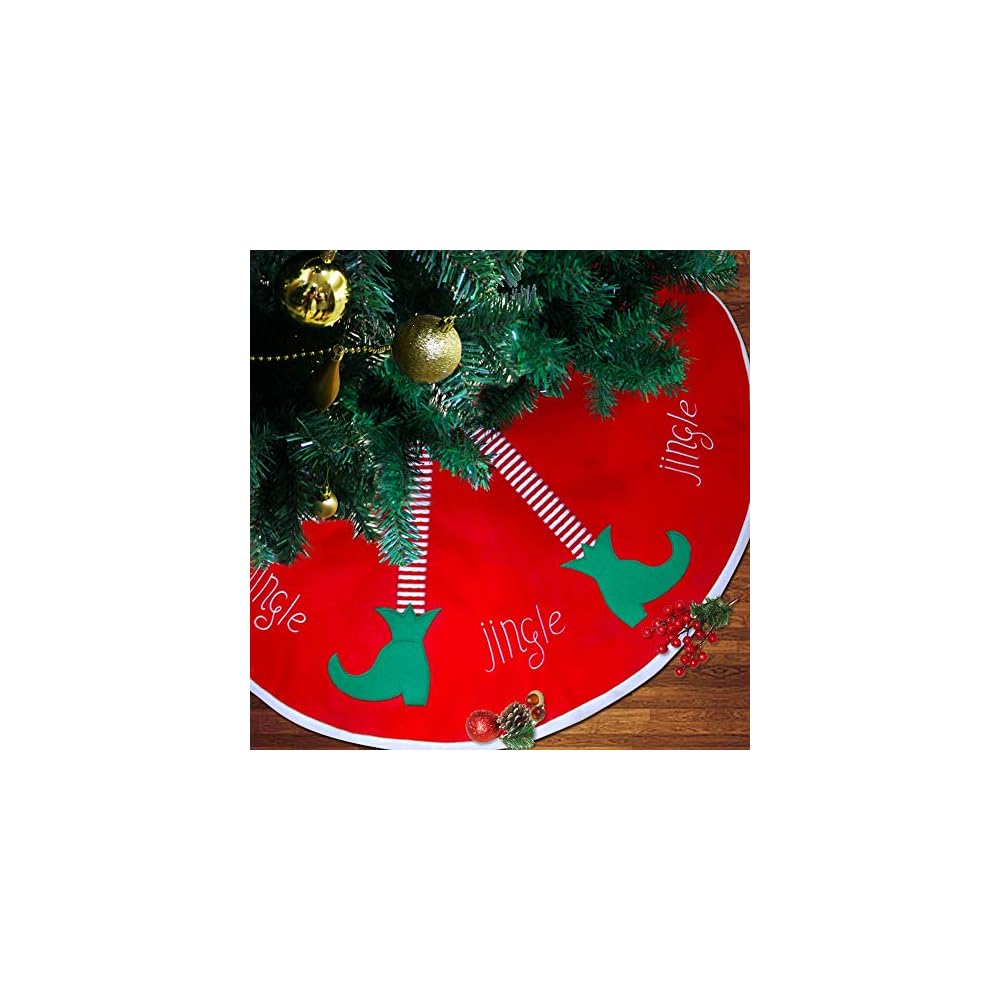 48 inches Christmas Tree Skirt, Jingle Christmas Tree Decorations, Red Soft Double Layers Tree Skirt with White Rim