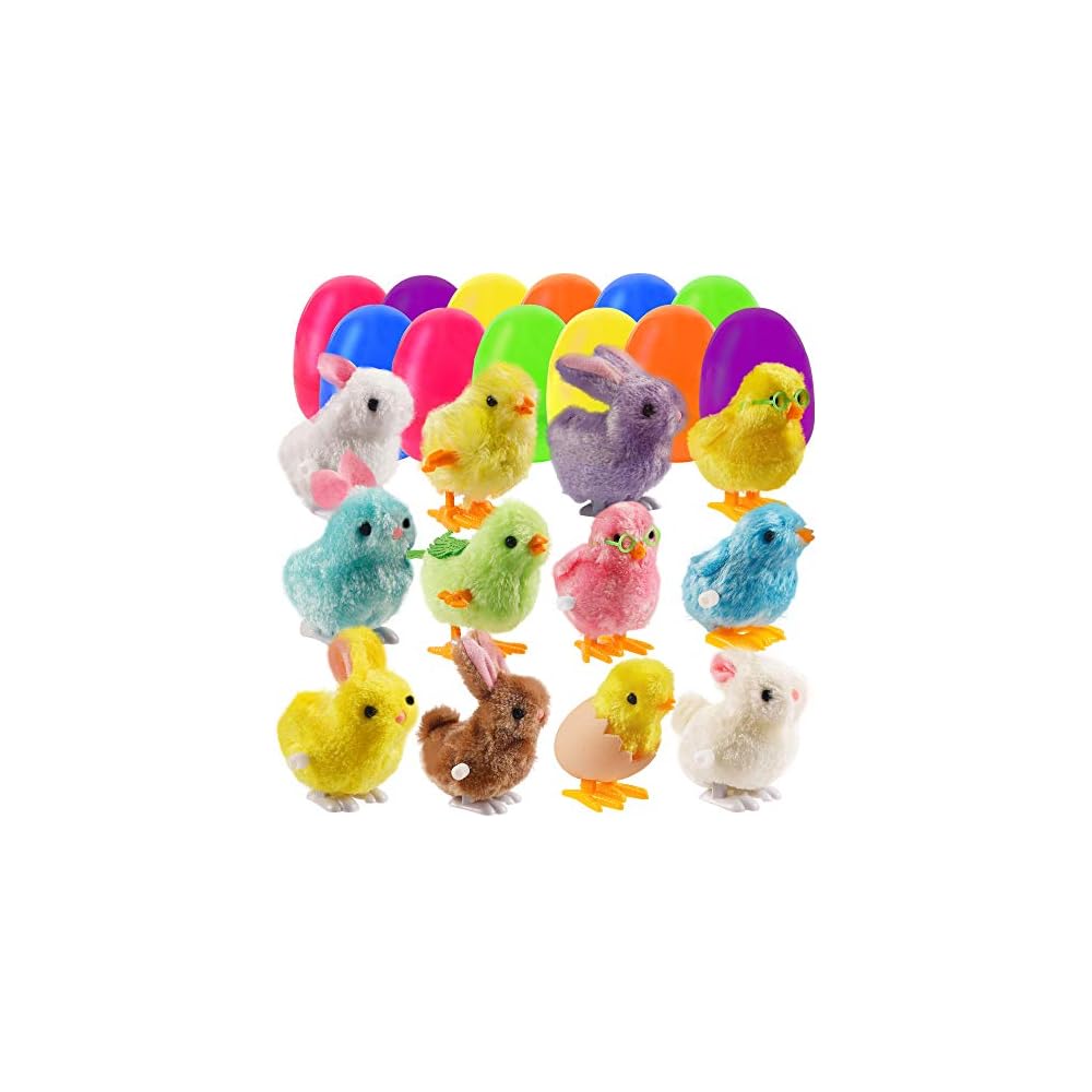 Lulu Home 12 Prefilled Easter Eggs with 12 Wind-up Bunnies and Chicks, Jumping Bunny Chick Toys for Boys and Girls Gift, Easter Basket Stuffers