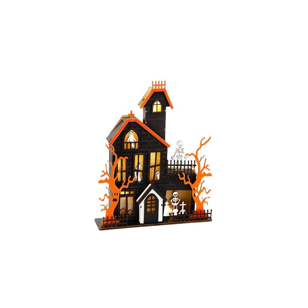 Lulu Home Halloween Tabletop Decoration, Wooden Lighted Ghost House Decoration Ornaments, Battery Operated Halloween Sign Indoor Fireplace Desk Kitchen Table Ornament, 11 x 8.8 x 1.9 INCH