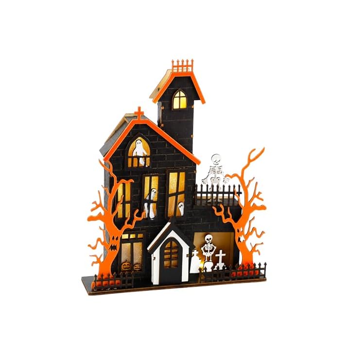 Lulu Home Halloween Tabletop Decoration, Wooden Lighted Ghost House Decoration Ornaments, Battery Operated Halloween Sign Indoor Fireplace Desk Kitchen Table Ornament, 11 x 8.8 x 1.9 INCH