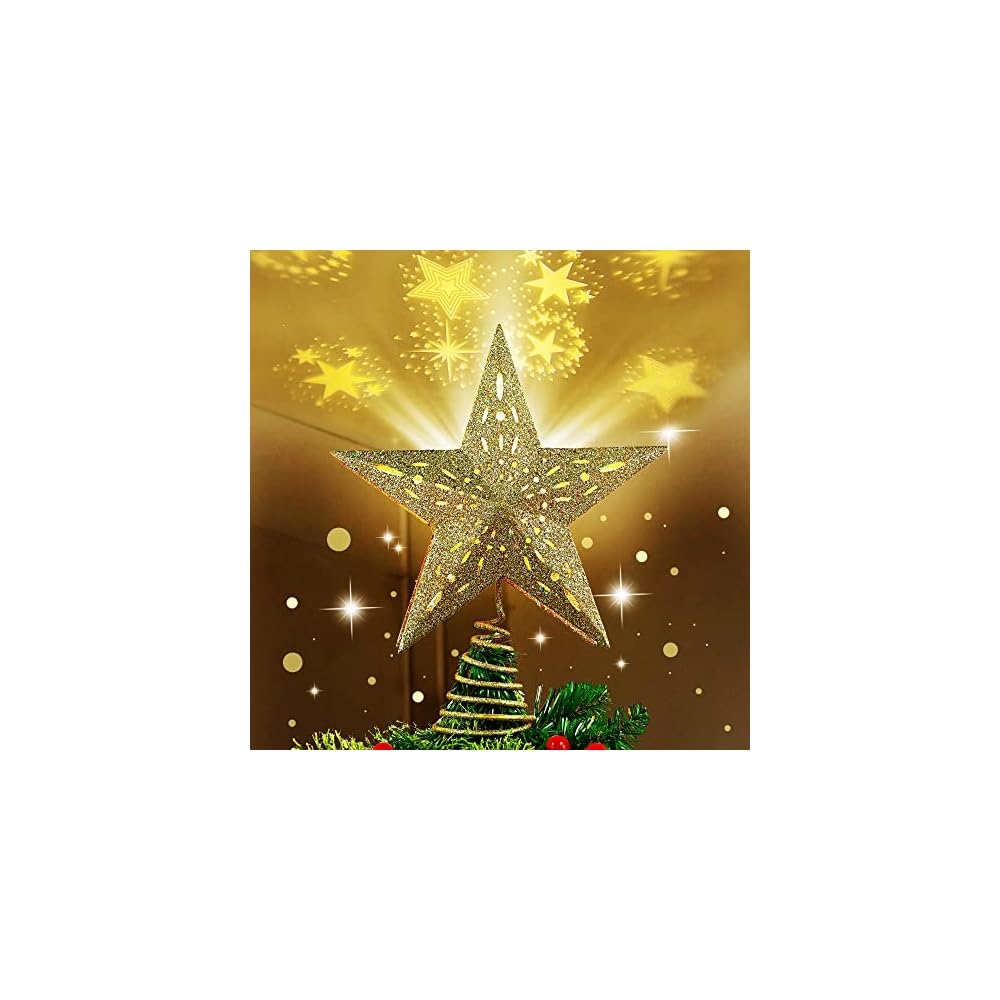 Lulu Home Christmas Tree Topper with Projector, 3D Hollow Glittered Metal Tree Topper with Rotating Star Projection, Plug-In Led Lighted Xmas Tree Star Topper for Christmas Decoration, 12 Inch, Golden