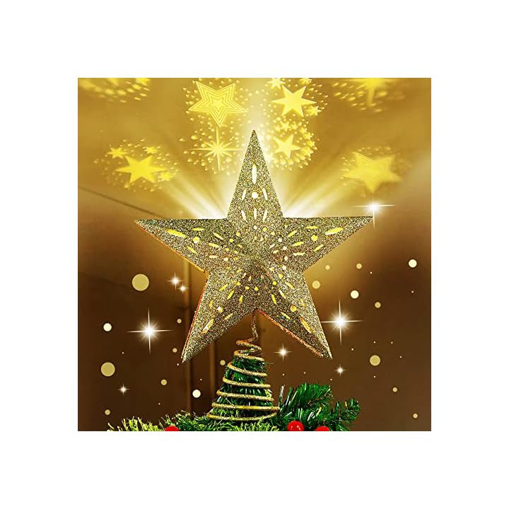Lulu Home Christmas Tree Topper with Projector, 3D Hollow Glittered Metal Tree Topper with Rotating Star Projection, Plug-In Led Lighted Xmas Tree Star Topper for Christmas Decoration, 12 Inch, Golden