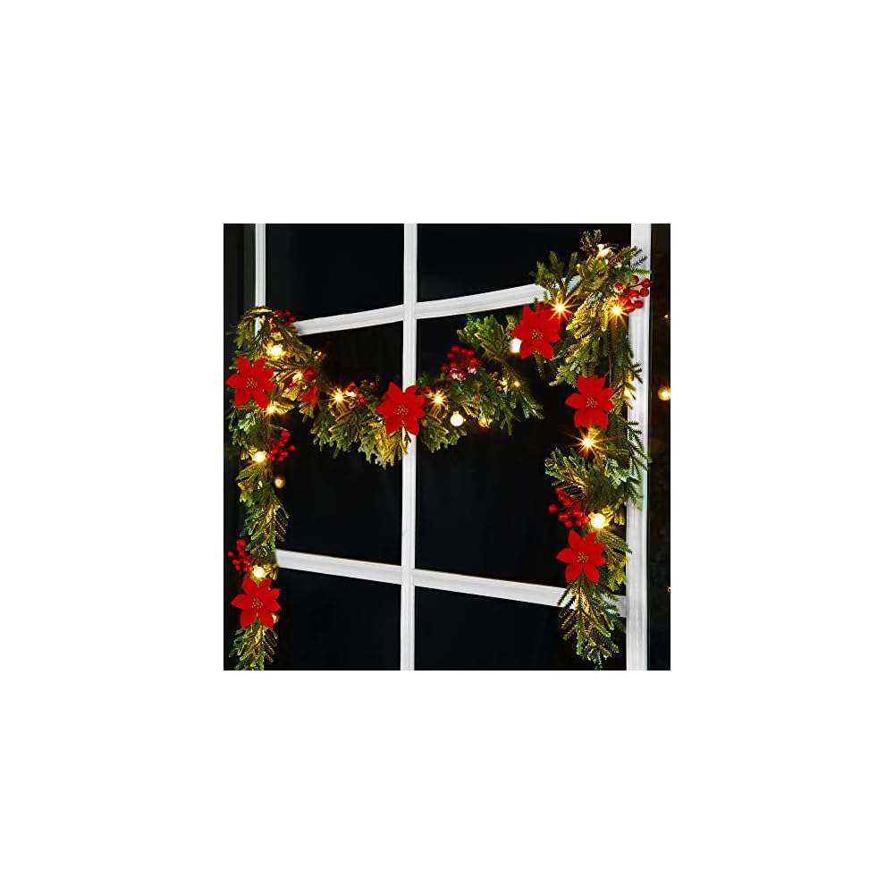 Lulu Home 8.9FT Pre-lit 30LED Christmas Garland with Glass Beads, Battery Operated Christmas Lighted Poinsettia Garland Indoor Outdoor for Fireplace, Staircase, Banister, Railing Decoration
