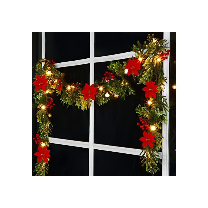 Lulu Home 8.9FT Pre-lit 30LED Christmas Garland with Glass Beads, Battery Operated Christmas Lighted Poinsettia Garland Indoor Outdoor for Fireplace, Staircase, Banister, Railing Decoration