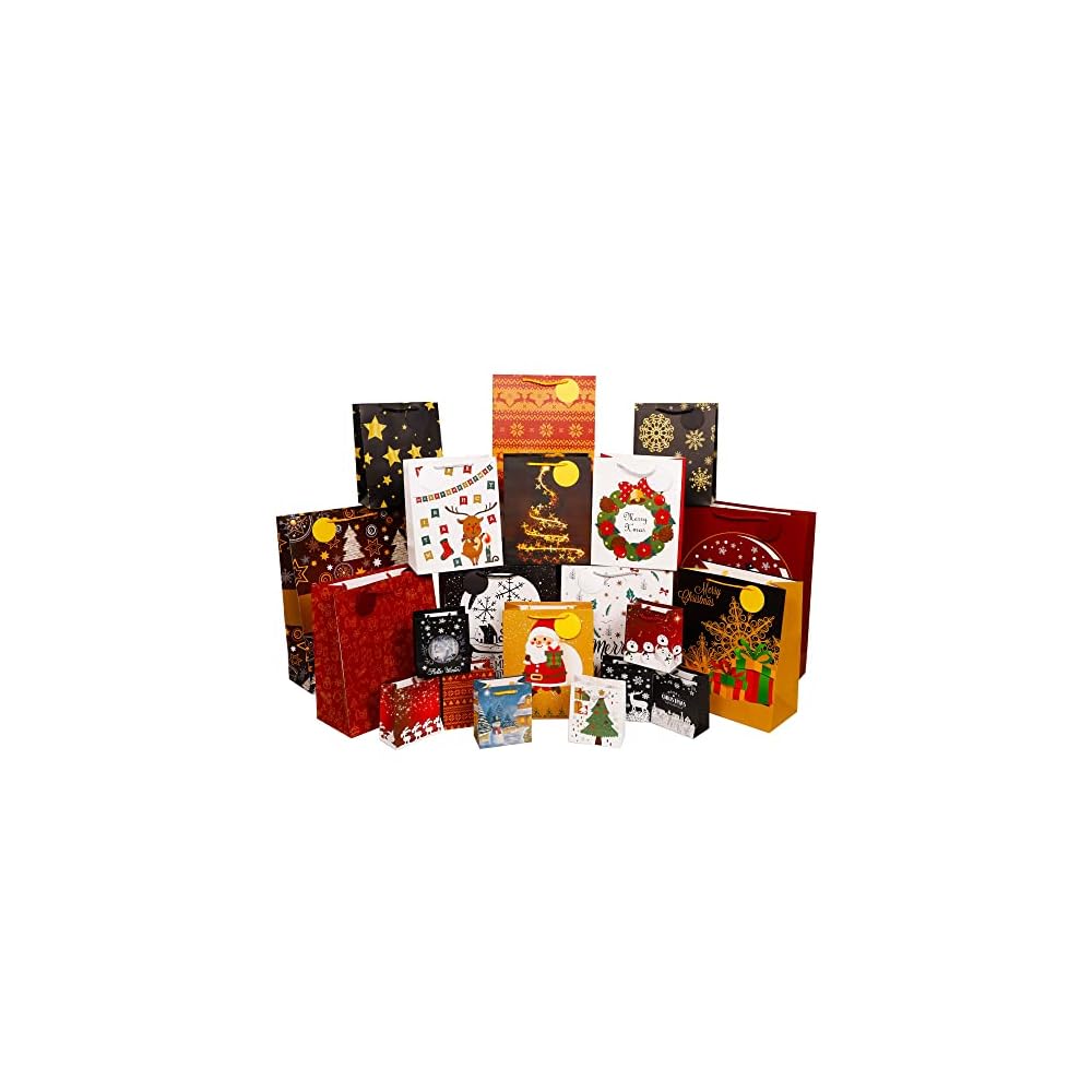 Lulu Home Christmas Assorted Gift Bags, 24 Count Xmas Wrapping Bags with Tags, 4 Jumbo, 6 Large, 6 Medium, 8 Small