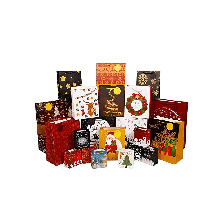 Lulu Home Christmas Assorted Gift Bags, 24 Count Xmas Wrapping Bags with Tags, 4 Jumbo, 6 Large, 6 Medium, 8 Small