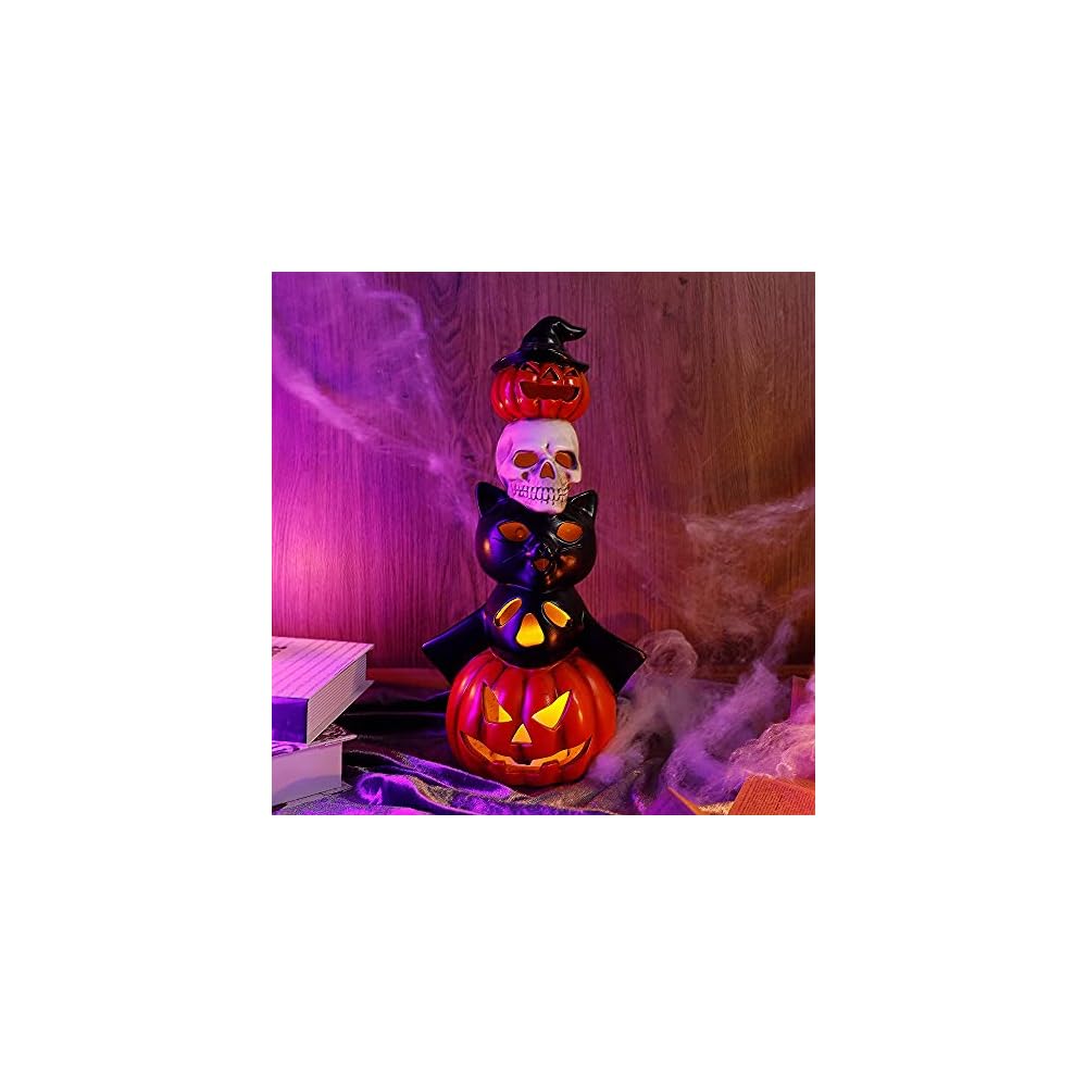 Lulu Home Halloween Table Top Decorations, 14.5" Light Up Ceramic Stacked Halloween Pumpkin Skull Ghost Black Cat Jack O Lantern, Battery Operated Halloween Figurine Indoor Fireplace Kitchen Ornament