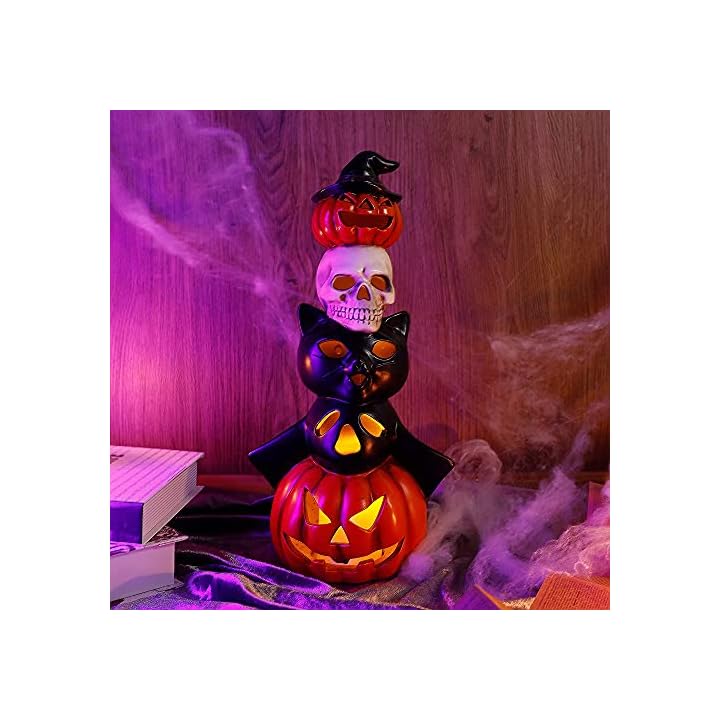 Lulu Home Halloween Table Top Decorations, 14.5" Light Up Ceramic Stacked Halloween Pumpkin Skull Ghost Black Cat Jack O Lantern, Battery Operated Halloween Figurine Indoor Fireplace Kitchen Ornament