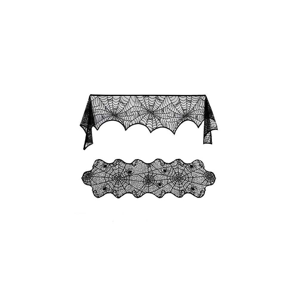 Lulu Home Halloween Fireplace Decorations, Fireplace Mantle Scarf Cover and Table Cloth, Black Lace Spider Web for Table, Door, Window and Fireplace Decoration, Halloween Decoration
