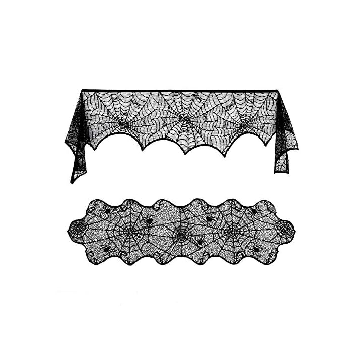 Lulu Home Halloween Fireplace Decorations, Fireplace Mantle Scarf Cover and Table Cloth, Black Lace Spider Web for Table, Door, Window and Fireplace Decoration, Halloween Decoration