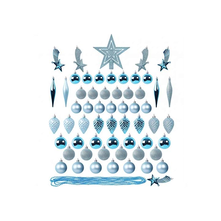 Lulu Home Assorted Christmas Tree Ornaments Set, 60 Pieces Blue Shatterproof Balls for Easter Decorations, Pre-Strung