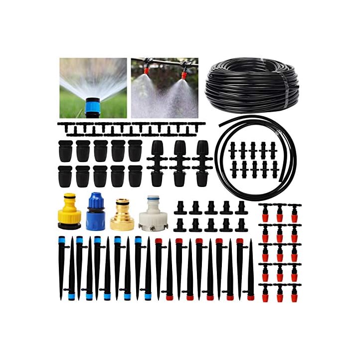 Lulu Home Irrigation System, 89 Pcs 138 FT Garden Irrigation System with Adjustable Nozzle Sprinkler Sprayer & Dripper Automatic Patio Plant Watering Kit Misting Cooling System for Greenhouse