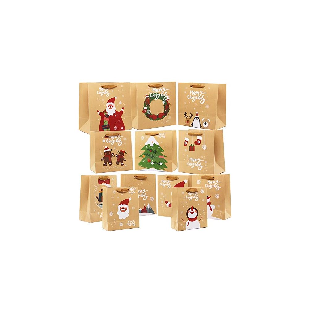 Lulu Home Christmas Gift Bags with Handle, 24 Pieces Kraft Bags with Assorted Christmas Prints, Xmas Gift Bags Large, Medium and Small for Gifts Wrapping