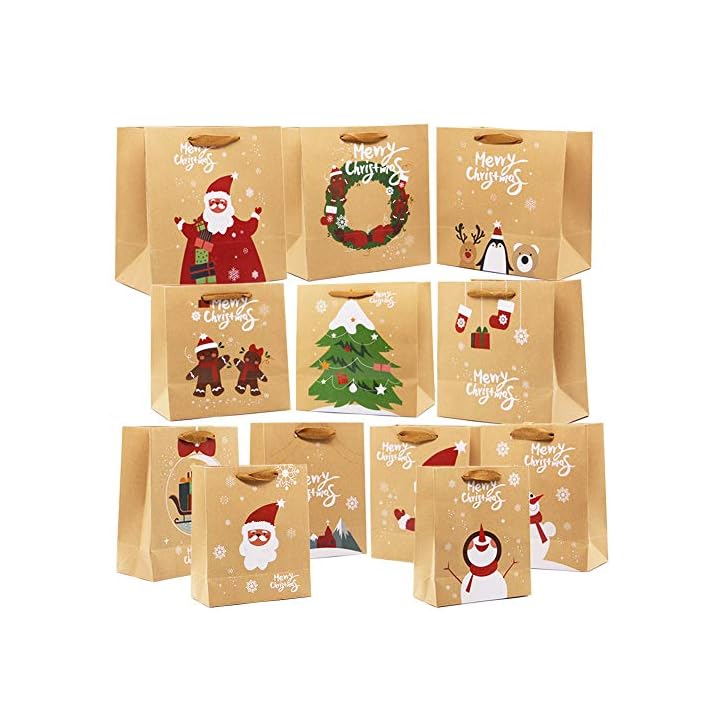 Lulu Home Christmas Gift Bags with Handle, 24 Pieces Kraft Bags with Assorted Christmas Prints, Xmas Gift Bags Large, Medium and Small for Gifts Wrapping