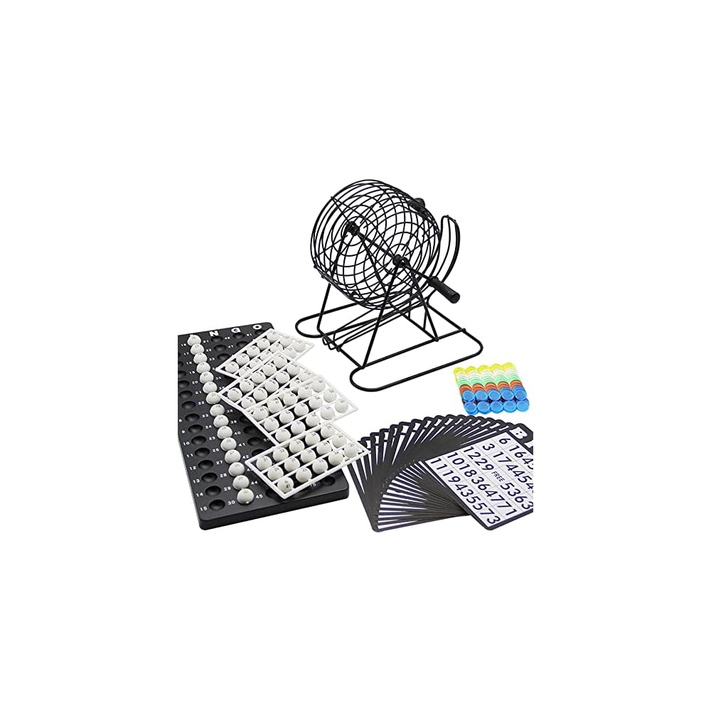 Lulu Home Bingo Game Set , 8 Inch Metal Bingo Cage Include 3/5 Inch White Balls, Bingo Chips, Bingo Board, 18 Bingo Cards, Black