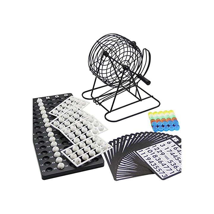 Lulu Home Bingo Game Set , 8 Inch Metal Bingo Cage Include 3/5 Inch White Balls, Bingo Chips, Bingo Board, 18 Bingo Cards, Black
