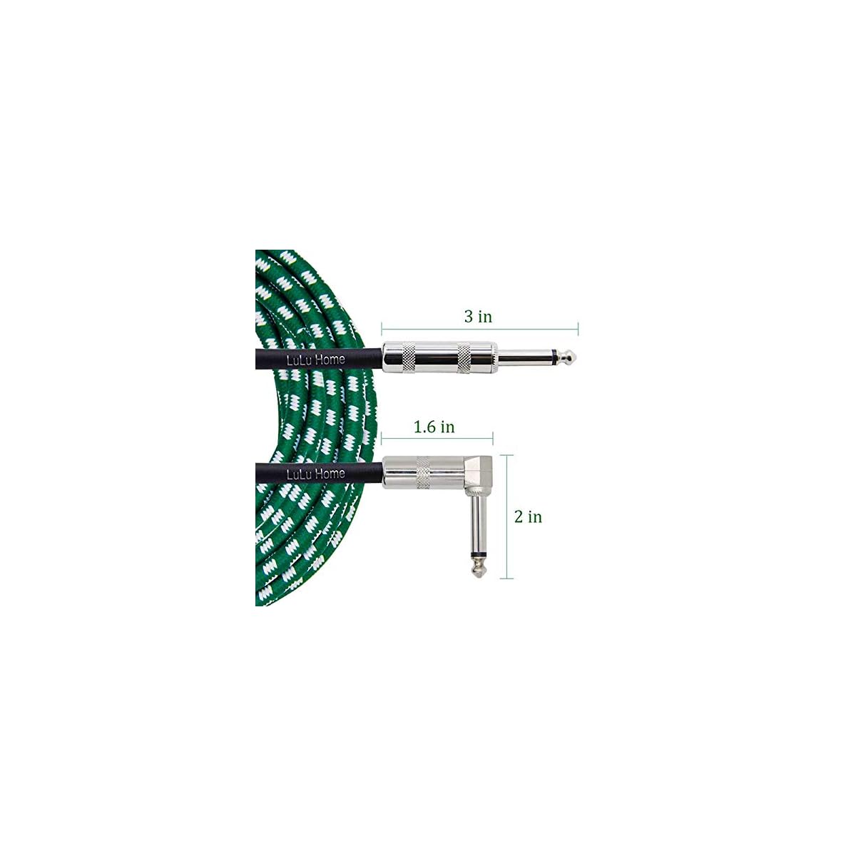 Lulu Home 20 Feet Guitar Cable, Professional Instrument Cable, Straight 1/4" TS to Right Angle 1/4" TS for Electric Guitar, Bass, Pro Audio, Green-White - imagem de detalhe 1