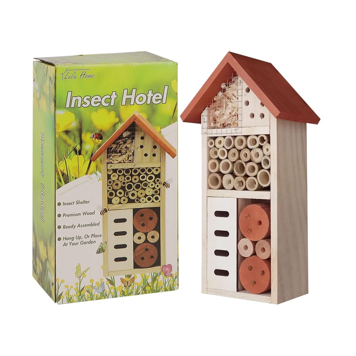 Lulu Home Wooden Insect House, Hanging Insect Hotel for Bee, Butterfly, Ladybirds, Beneficial Insect Habitat, Bug Hotel Garden, 10.4 X 3.4 X 5.4 Inch - imagem de detalhe 1