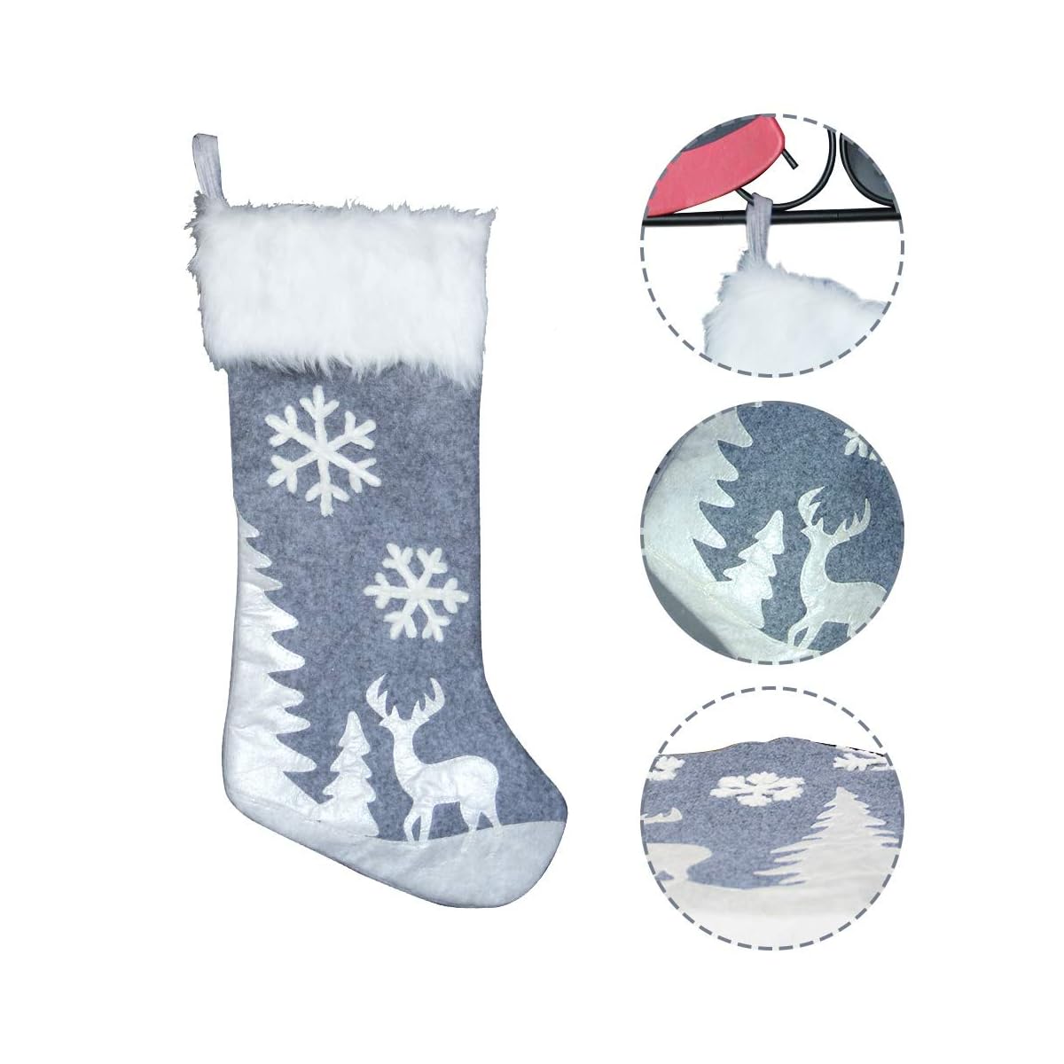 Lulu Home Christmas Stockings, 20 Inches Large Luxury Flannel Reindeer and Snowflake Stockings for Christmas Holiday Party Decorations One Piece - imagen de detalle 2