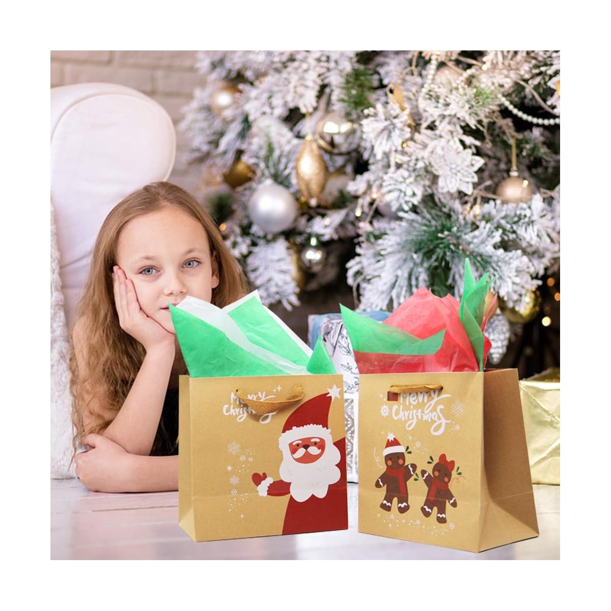 Lulu Home Christmas Gift Bags with Handle, 24 Pieces Kraft Bags with Assorted Christmas Prints, Xmas Gift Bags Large, Medium and Small for Gifts Wrapping - imagem de detalhe 6