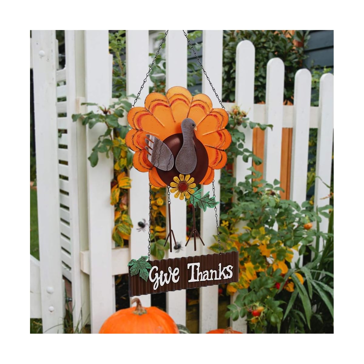 Lulu Home Thanksgiving Decoration, Metal Turkey Hanging Decor with Give Thanks Sign, Fall Front Door Welcome sign, Indoor Outdoor Durable Turkey Decorative - imagen de detalle 2