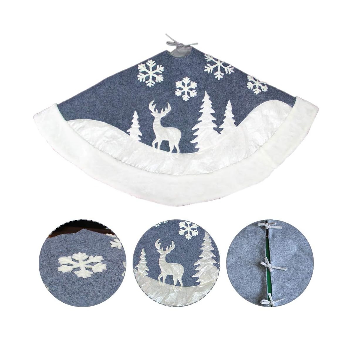 Lulu Home 48" Christmas Tree Skirt, Luxury Double Layers Holiday Ornaments, Reindeer and Snowflake Xmas Tree Skirt with Flannel Rim - detail image 2