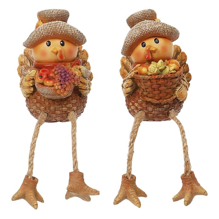 Lulu Home Thanksgiving Fireplace Decorations, Set of 2 Resin Turkey Figurine, Thanksgiving Shelf Sitters, Harvest Shelf Sitters with Dangling Legs, Fall Decor Home and Kitchen Autumn Displays