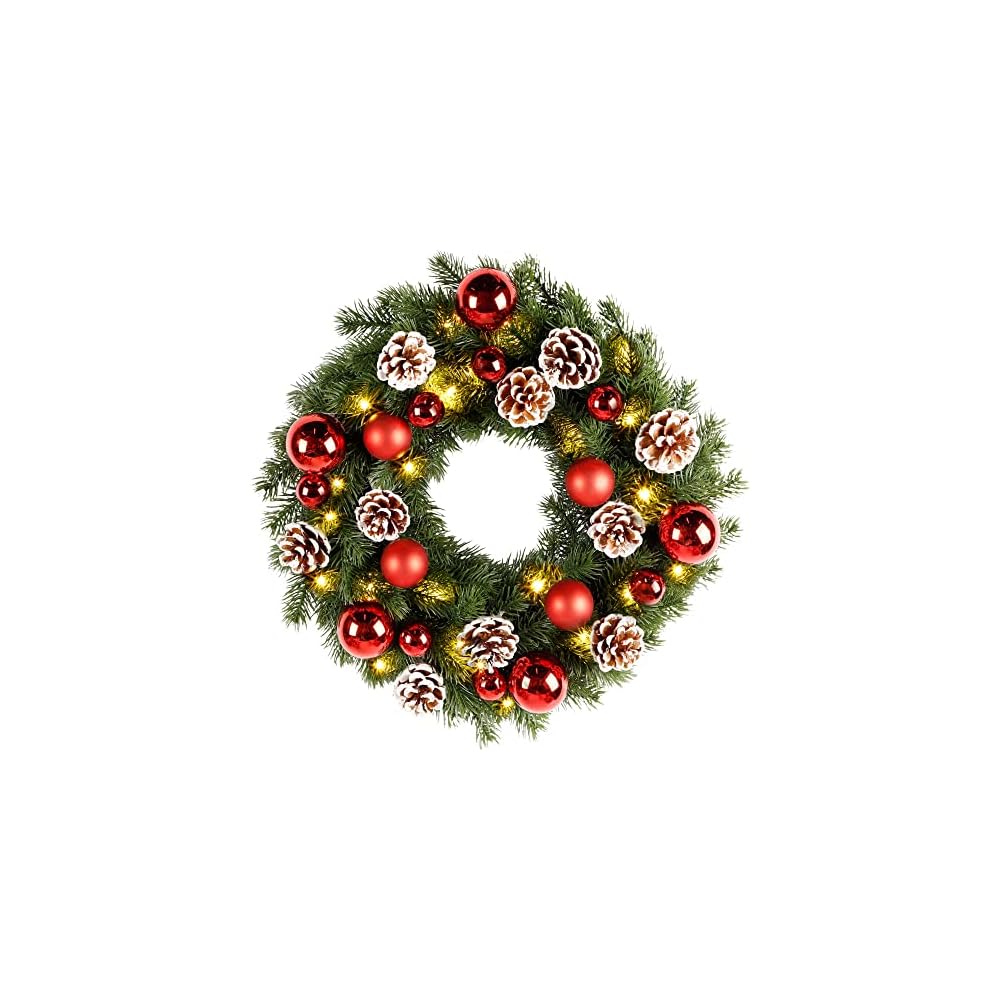 Lulu Home Christmas Front Door Wreath, 15.7" Pre-lit Wreath with Christmas Balls and Pine Cone, Battery Operated 40 LED Light Up Xmas Wreath Decorative Hanging Ornament