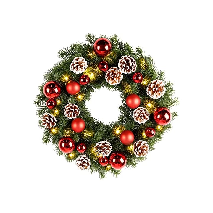 Lulu Home Christmas Front Door Wreath, 15.7" Pre-lit Wreath with Christmas Balls and Pine Cone, Battery Operated 40 LED Light Up Xmas Wreath Decorative Hanging Ornament