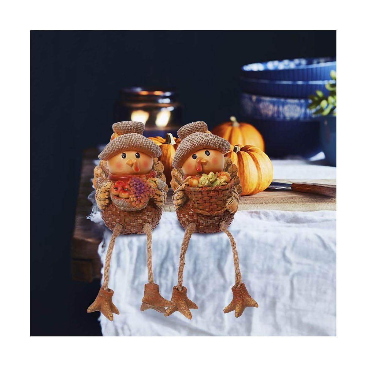 Lulu Home Thanksgiving Fireplace Decorations, Set of 2 Resin Turkey Figurine, Thanksgiving Shelf Sitters, Harvest Shelf Sitters with Dangling Legs, Fall Decor Home and Kitchen Autumn Displays - imagem de detalhe 1