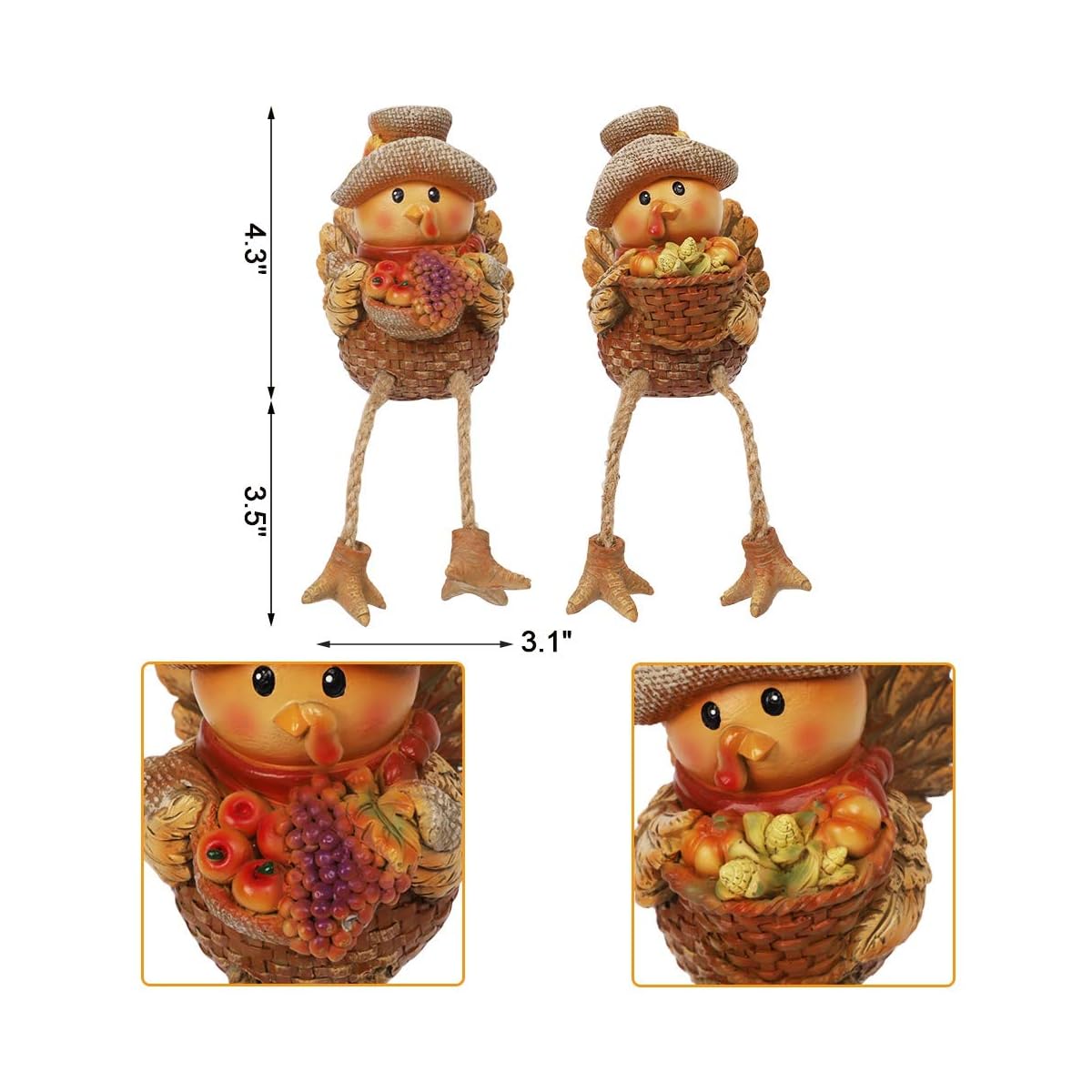 Lulu Home Thanksgiving Fireplace Decorations, Set of 2 Resin Turkey Figurine, Thanksgiving Shelf Sitters, Harvest Shelf Sitters with Dangling Legs, Fall Decor Home and Kitchen Autumn Displays - imagem de detalhe 4