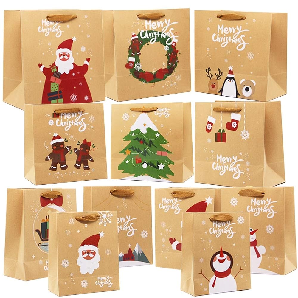 Lulu Home Christmas Gift Bags with Handle, 24 Pieces Kraft Bags with Assorted Christmas Prints, Xmas Gift Bags Large, Medium and Small for Gifts Wrapping