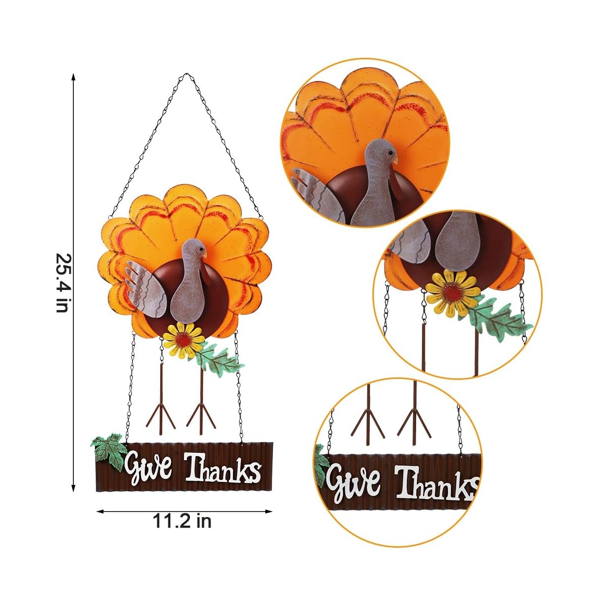 Lulu Home Thanksgiving Decoration, Metal Turkey Hanging Decor with Give Thanks Sign, Fall Front Door Welcome sign, Indoor Outdoor Durable Turkey Decorative - imagen de detalle 5