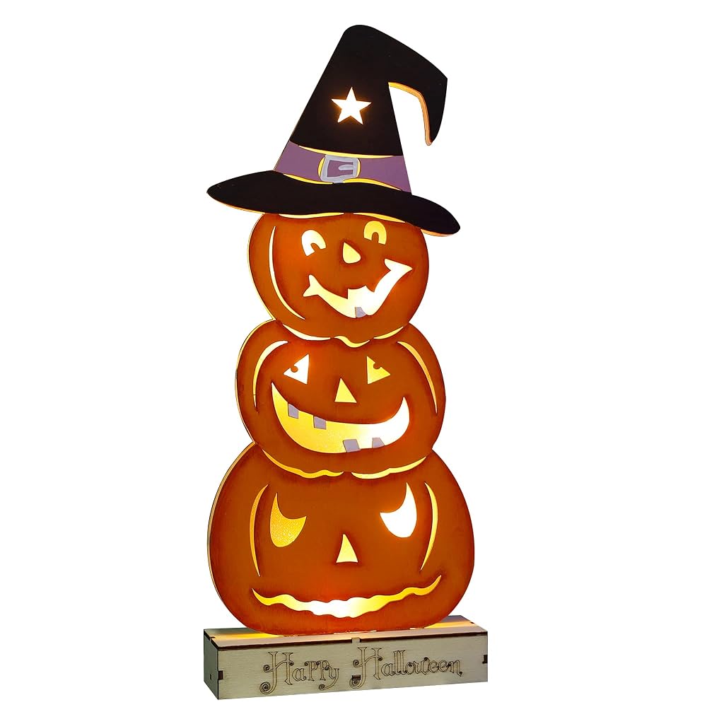 Lulu Home Halloween Tabletop Decoration, Wooden Lighted Stacked Jack-O-Lantern Decoration, Battery Operated Pumpkin Sign Indoor Fireplace Desk Kitchen Table Ornament, 16 x 6.5 x 2.7 in