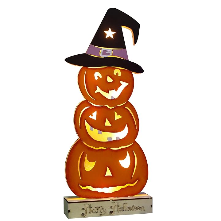 Lulu Home Halloween Tabletop Decoration, Wooden Lighted Stacked Jack-O-Lantern Decoration, Battery Operated Pumpkin Sign Indoor Fireplace Desk Kitchen Table Ornament, 16 x 6.5 x 2.7 in