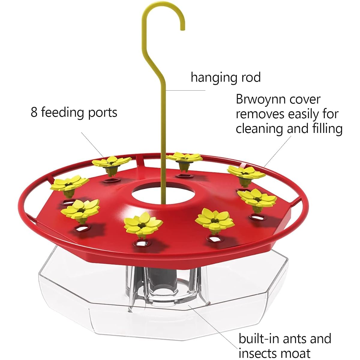 Lulu Home Hummingbird Feeder, 16 Fluid Ounces Flower Bird Feeder with 8 Feeding Stations for Outdoors - 细节图 2