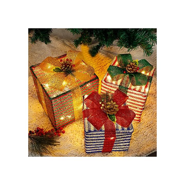 Lulu Home Christmas Lighted Boxes, 60 LED Light Up Collapsible Deocr Indoor Outdoor, Plug in Light Up Christmas Boxes Present Decorations Indoor Outdoor Yard