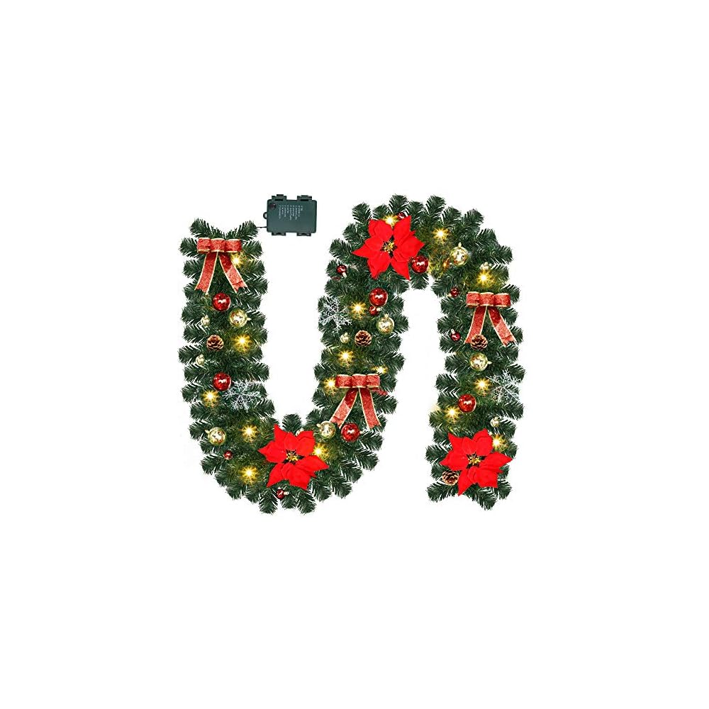 Lulu Home Christmas Garland, 9FT Pre-lit 40 LED Christmas Garland with 24 Xmas Balls, Battery Operated Christmas Lighted Poinsettia Garland Indoor Outdoor for Fireplace, Staircase, Railing Decoration