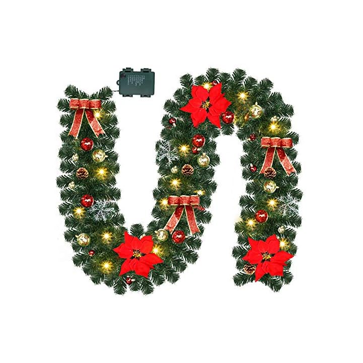 Lulu Home Christmas Garland, 9FT Pre-lit 40 LED Christmas Garland with 24 Xmas Balls, Battery Operated Christmas Lighted Poinsettia Garland Indoor Outdoor for Fireplace, Staircase, Railing Decoration