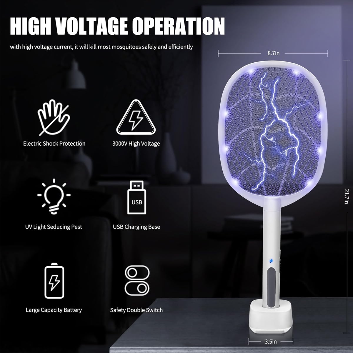 Lulu Home 2-in-1 Electric Bug Zapper Racket, 2 Pack 4000V High Voltage LED Lighted Handheld Mosquito Swatter with 3 Layer Safety Mesh, USB Charging Portable Fly Killer Racquet - detail image 1