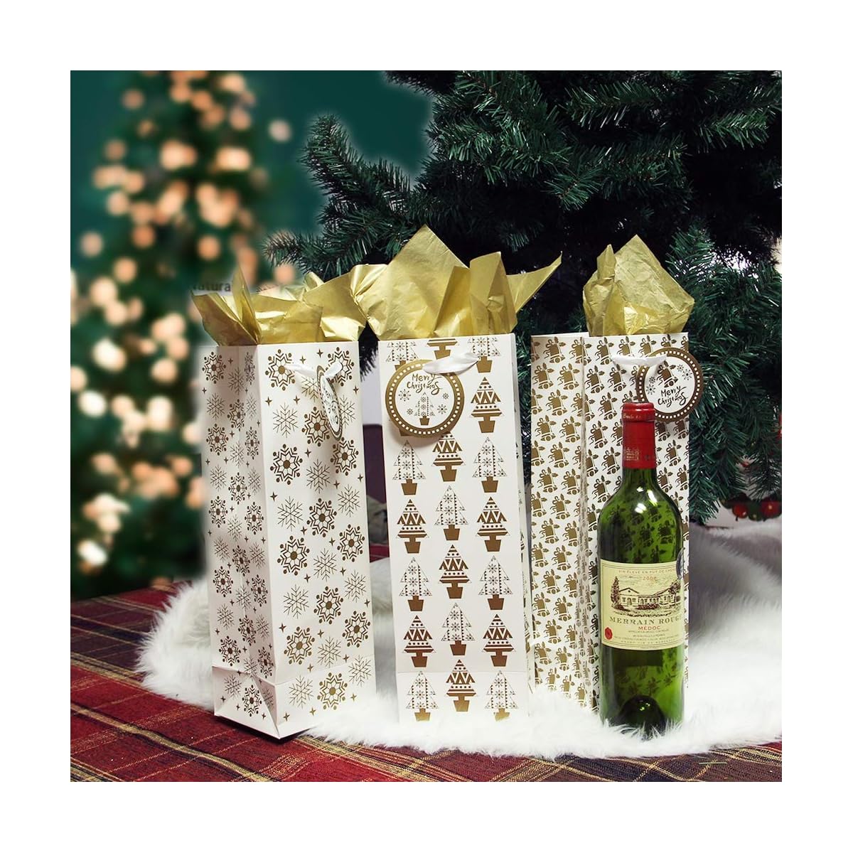 Lulu Home 12 Pcs Golden Bottle Gift Bags with Tissue Paper, Heavy Duty Xmas Bottle Cover with Tags for Holiday Decoration, Party Favors - imagen de detalle 3