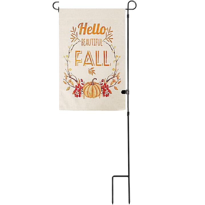 Lulu Home Flag Stand with A Burlap Flag, 34 Inch Metal Yard Flag Stand, Fall Harvest Front Porch Sign, Sturdy Fall Flag Stand for Garden, Yard, Lawn, Farmhouse Autumn Decor