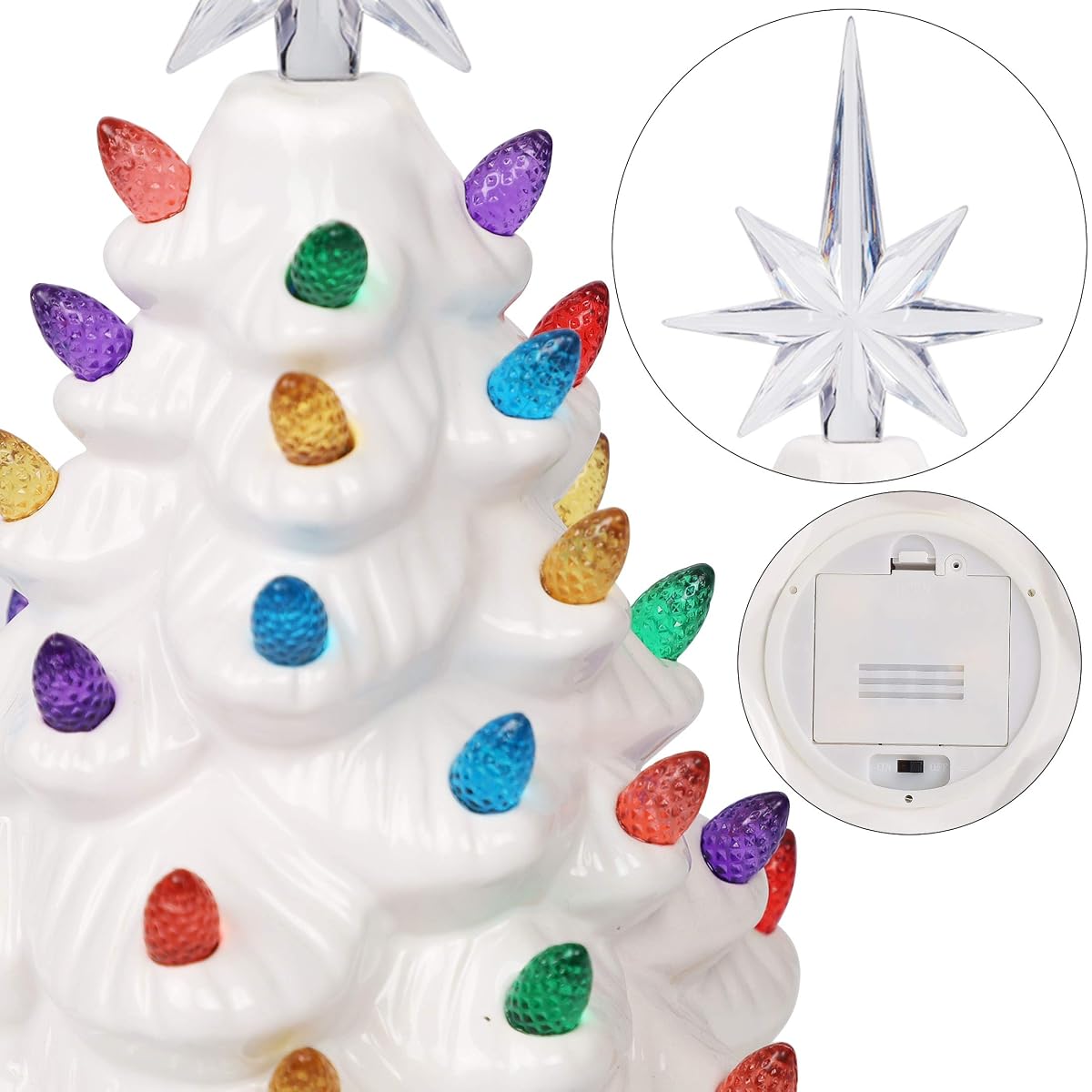 Lulu Home Ceramic Christmas Tree, 10 Inch LED Light Up Ceramic Tabletop Christmas Tree with 54 Multicolored Lights and a 7 Point Star Topper, White Mini Vintage Lighted Ceramic Tree for Tabletop - detail image 4
