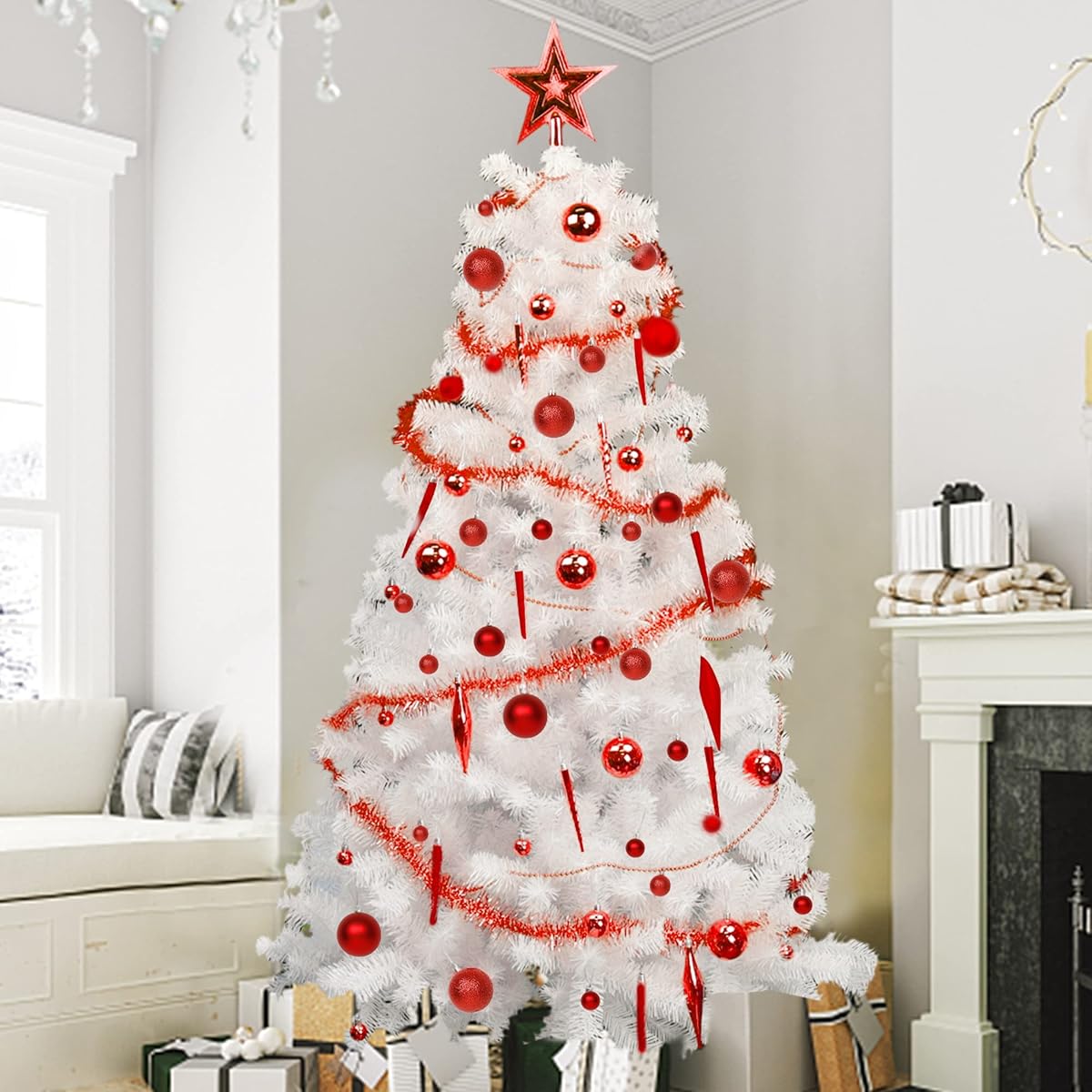 Lulu Home Christmas Assorted Ball Ornament, 75 Pieces Red Shatterproof Balls Xmas Seasonal Decorations for Xmas, Pre-Strung - detail image 6