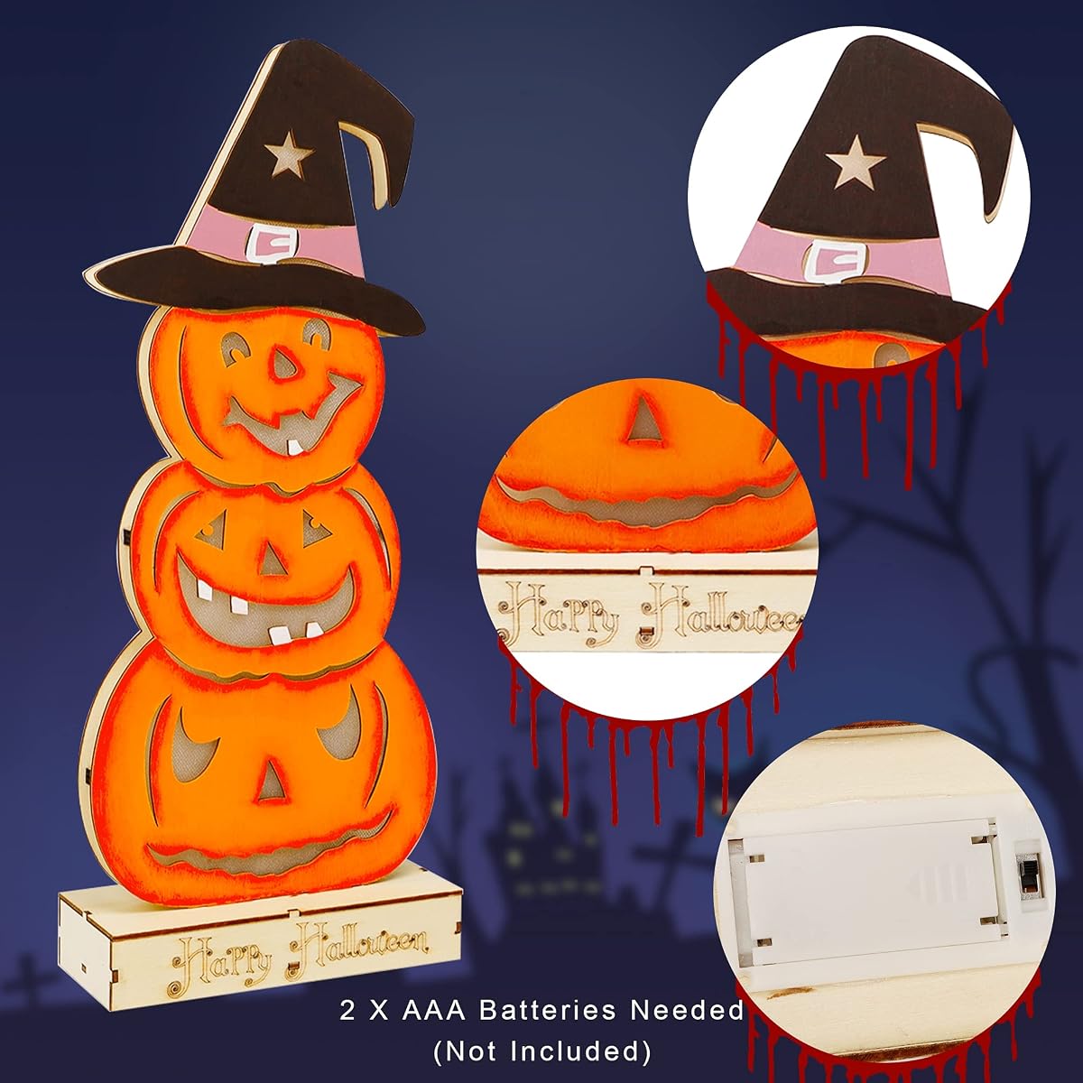 Lulu Home Halloween Tabletop Decoration, Wooden Lighted Stacked Jack-O-Lantern Decoration, Battery Operated Pumpkin Sign Indoor Fireplace Desk Kitchen Table Ornament, 16 x 6.5 x 2.7 in - imagem de detalhe 2