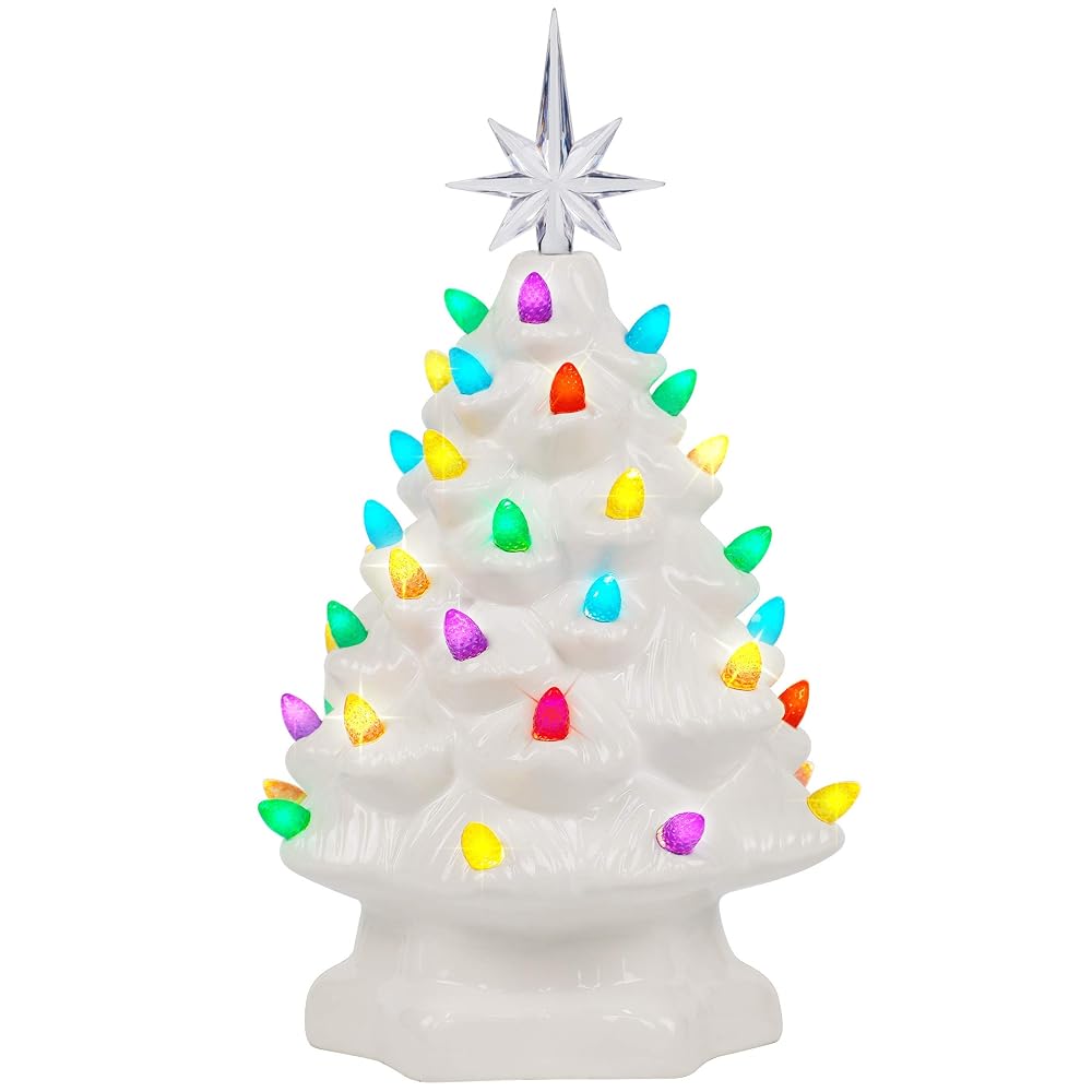 Lulu Home Ceramic Christmas Tree, 10 Inch LED Light Up Ceramic Tabletop Christmas Tree with 54 Multicolored Lights and a 7 Point Star Topper, White Mini Vintage Lighted Ceramic Tree for Tabletop