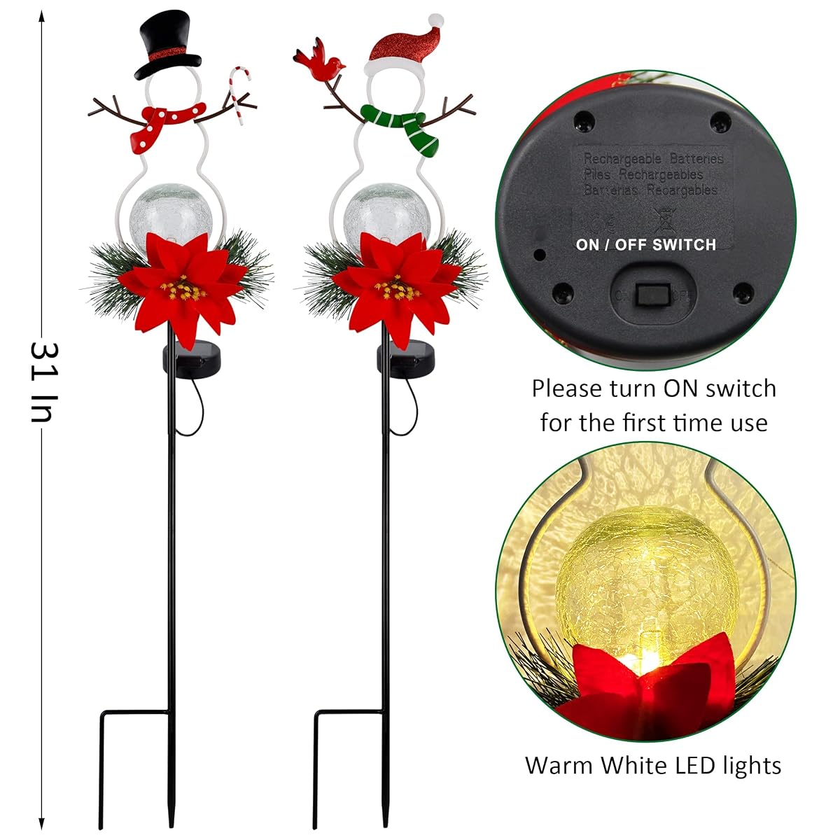 Lulu Home Christmas Yard Stakes, 31" Metal Snowman Garden Stakes with Solar Lighted Led Glass Balls for Xmas Holiday Winter Lawn, Pathway, Sidewalk Outdoor Decorations, Set of 2 - 细节图 1